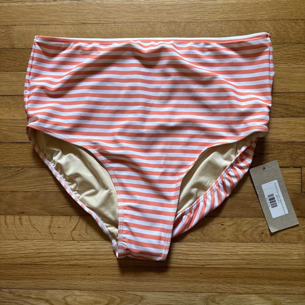 Albion Fit Peachy Keen High-Waisted Bikini Bottoms Large Stripes Swim Pool NWT